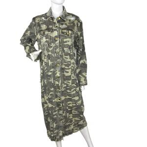 Kosmios Long Denim Jean Jacket Duster Camouflage Distressed Size M Grunge